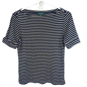 Lauren Ralph Lauren Cuffed Short Sleeve Top Shirt Womens PM Black w/ Gold Stripe